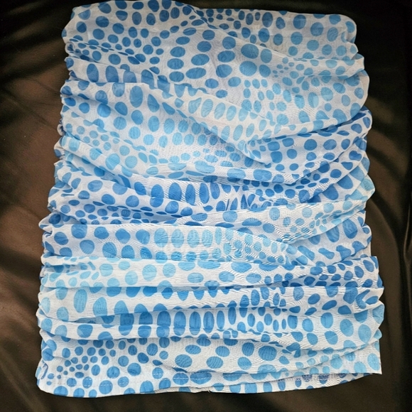 Akira Ruched Blue Polka Mesh Tube 2 Way Top Sz M  Preppy Stretchy - Picture 1 of 7